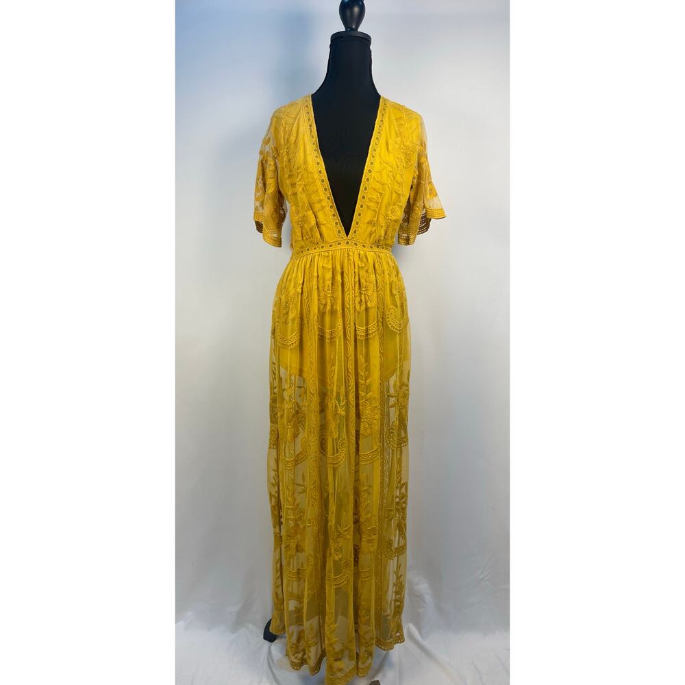 Wild Honey Mustard Yellow Lace Sheer Maxi Romper Size S - Picture 3 of 15